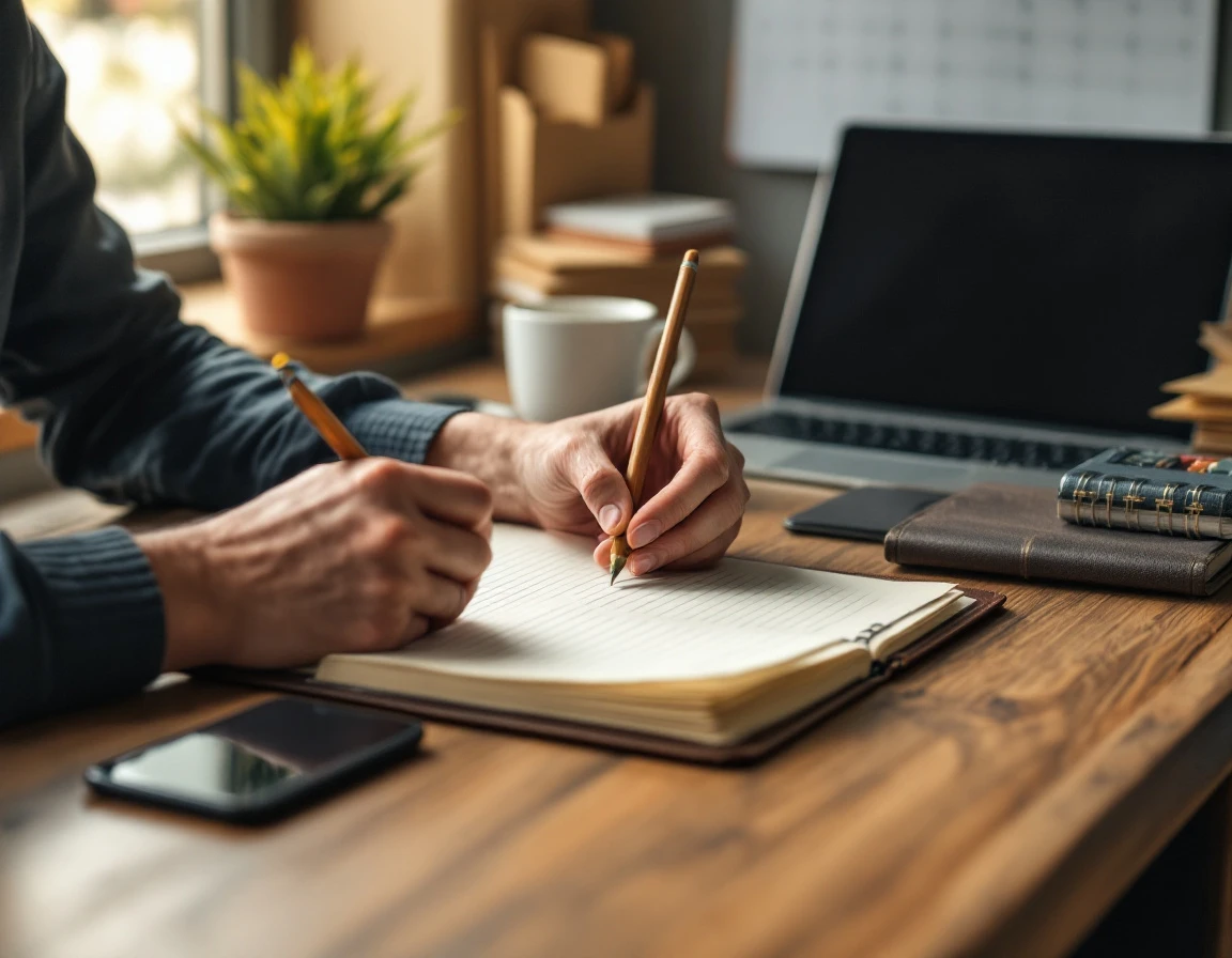 Hands writing in ledger at wooden desk with coffee mug and office materials in small business setting