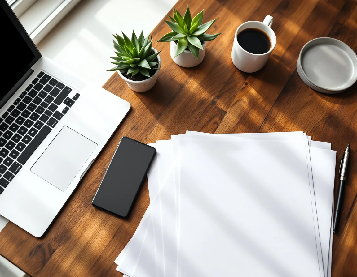 Organized small business office desk with calculator, blank papers, and coffee mug for payroll processing work