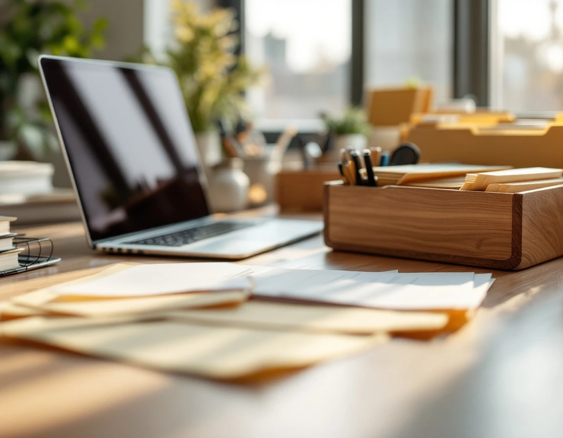 Organized payroll workspace with filing folders and office supplies arranged neatly on a wooden desk