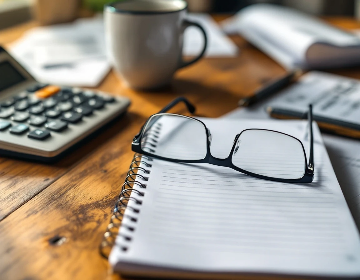 Calculator and reading glasses on wooden desk with coffee mug during mid-year tax preparation session