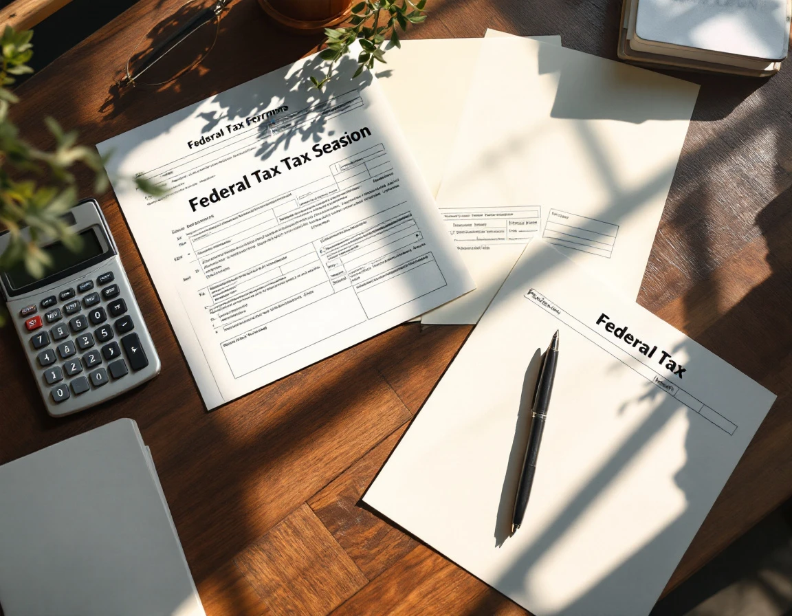 Organized tax forms and calculator on wooden desk during small business tax filing season