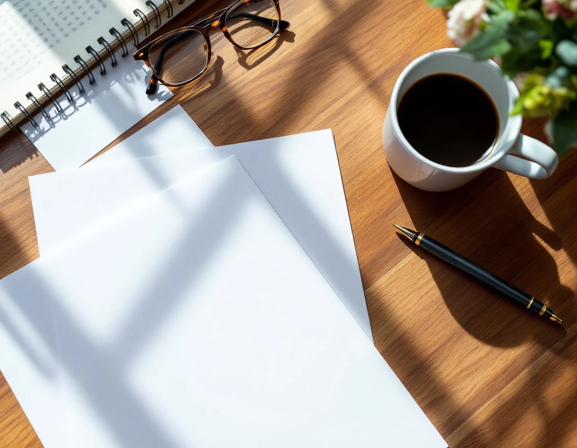 Organized desk workspace with blank papers, coffee cup, glasses, and pen arranged for open enrollment planning