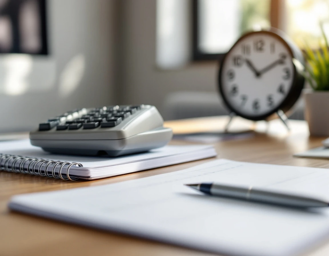 Professional payroll desk with calculator, clock, and notebook representing termination payment deadlines