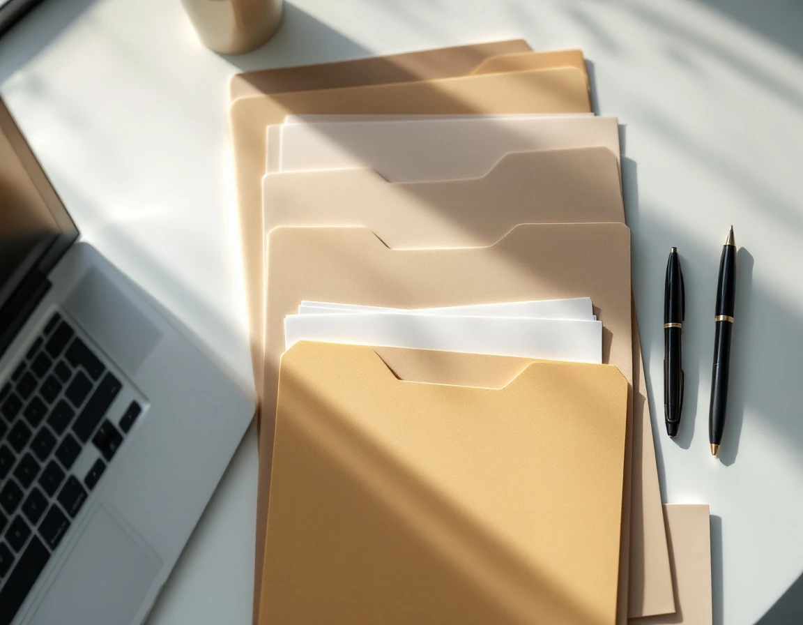 Organized desk with manila folders and pen showing systematic termination workflow documentation