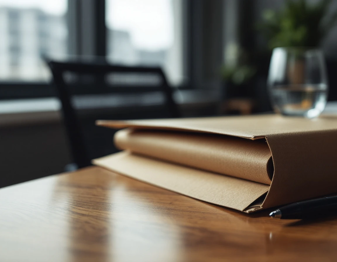 Closed folder and pen on office desk representing employee termination documentation and administrative processes