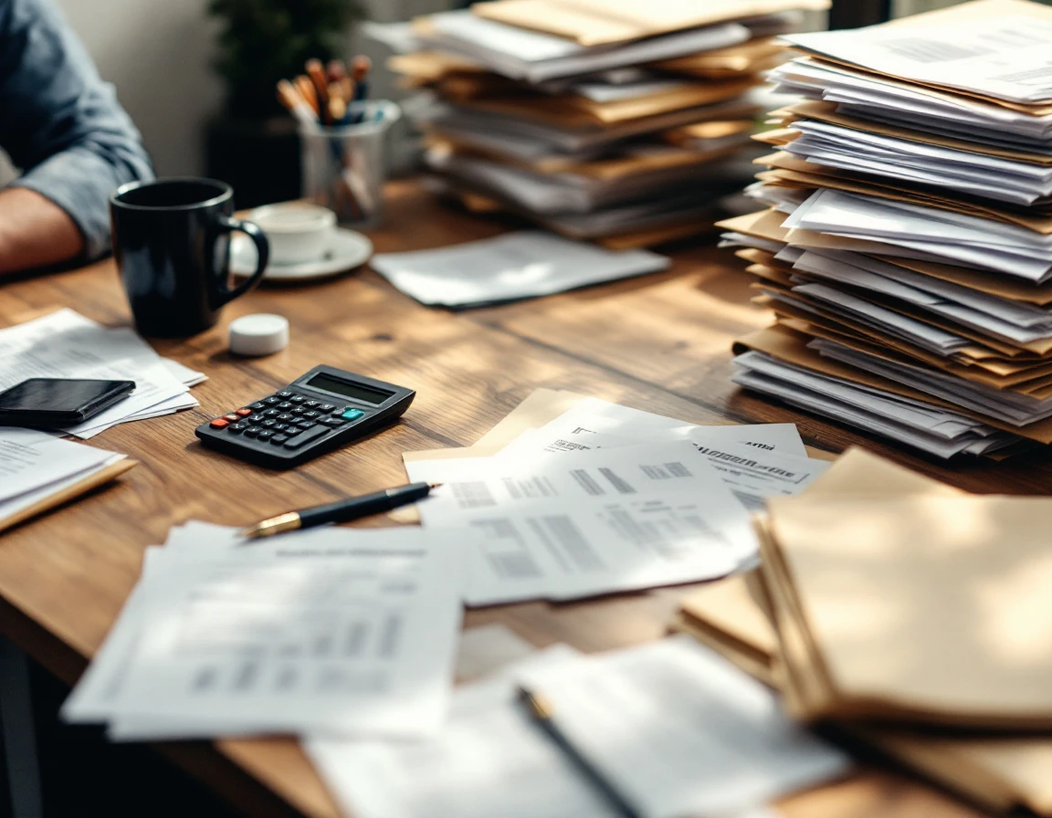 Small business desk workspace with calculator, folders, and paperwork representing employee management complexity