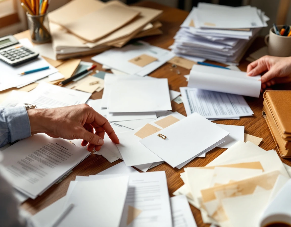 Cluttered desk with scattered payroll documents and hands sorting through disorganized compliance paperwork