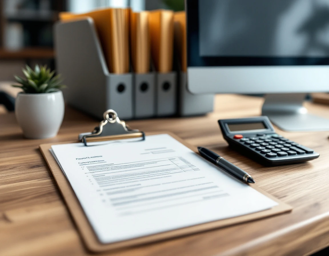 Clean office desk with compliance forms, calculator, and filing system demonstrating payroll documentation workflow