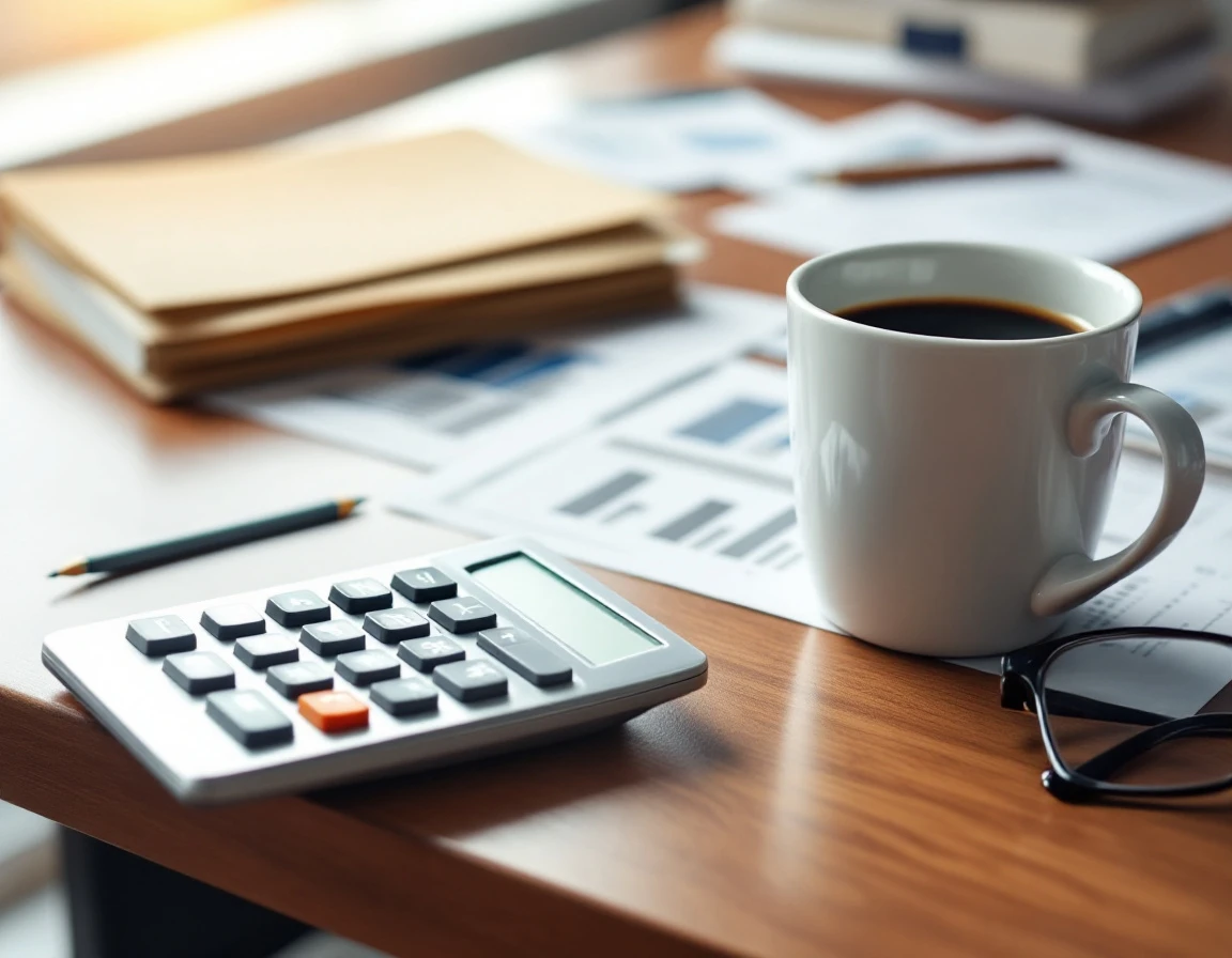 Calculator, coffee mug, and blurred financial papers on wooden desk suggesting payroll audit workspace