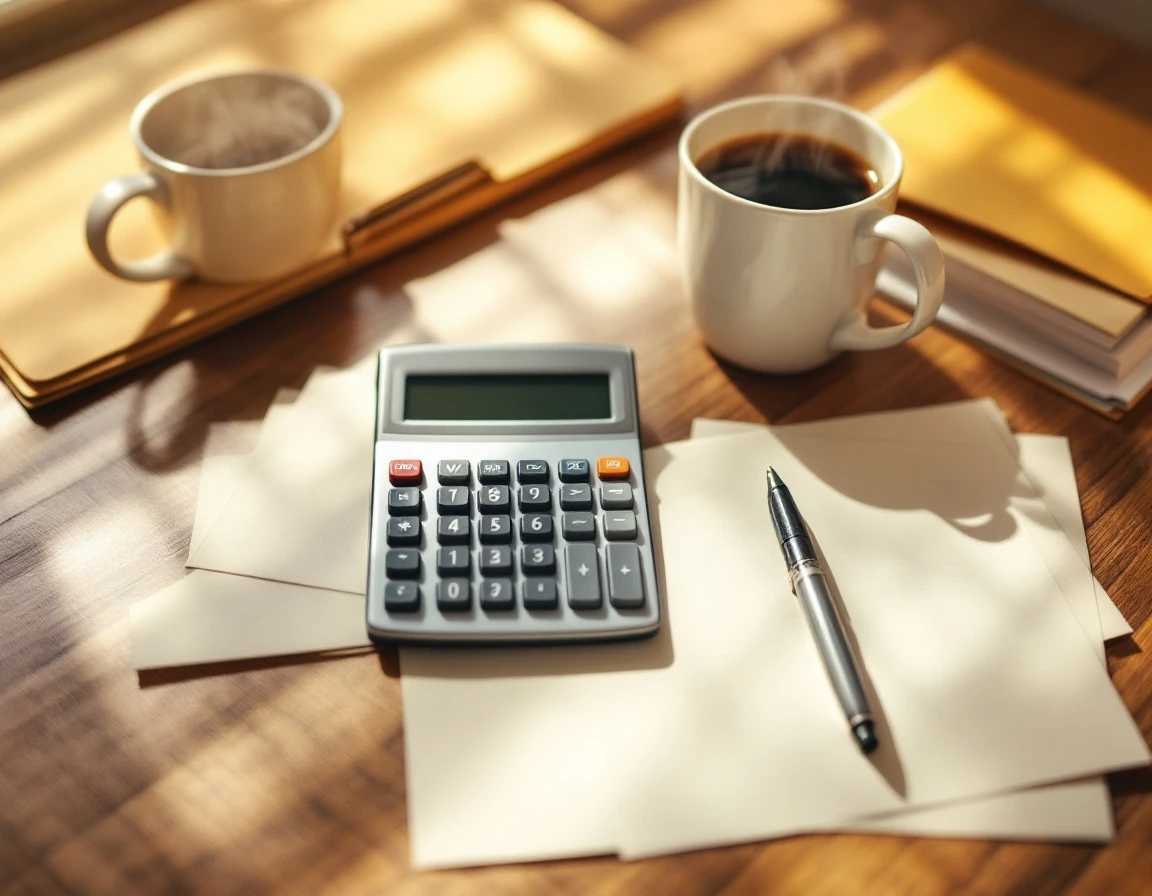 Calculator, coffee cup, and blank paperwork arranged on wooden desk for quarterly payroll review