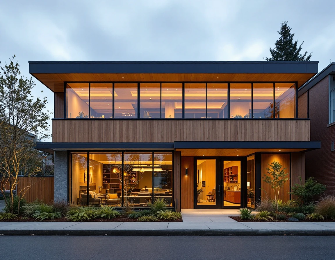 Modern Pacific Northwest small business office building at dusk with warm interior lighting