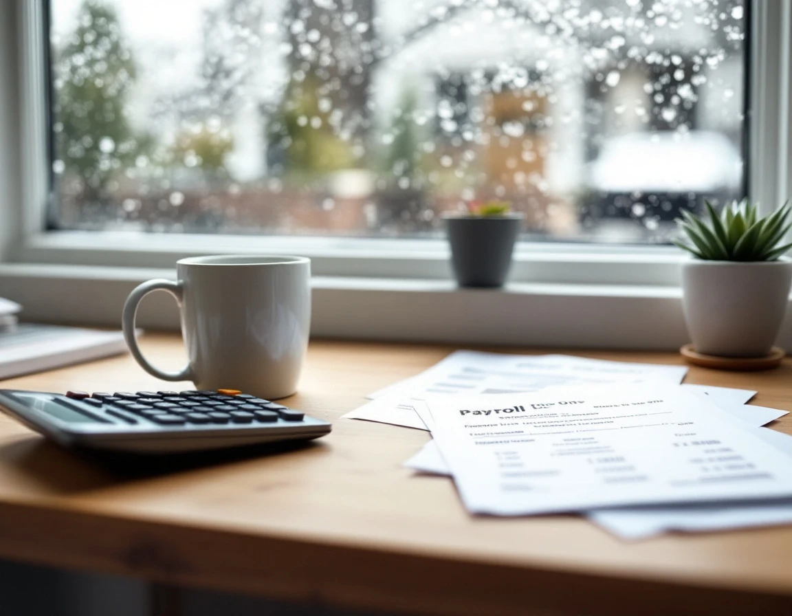 Wooden desk workspace with coffee, calculator, and blurred financial papers in Oregon small business office