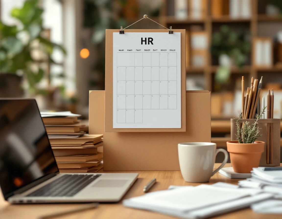 Professional HR desk with calendar, folders, and office materials in warm natural lighting