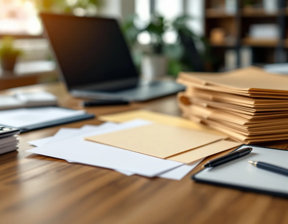 Organized desk workspace with blank papers, folders, calculator and office supplies for payroll processing