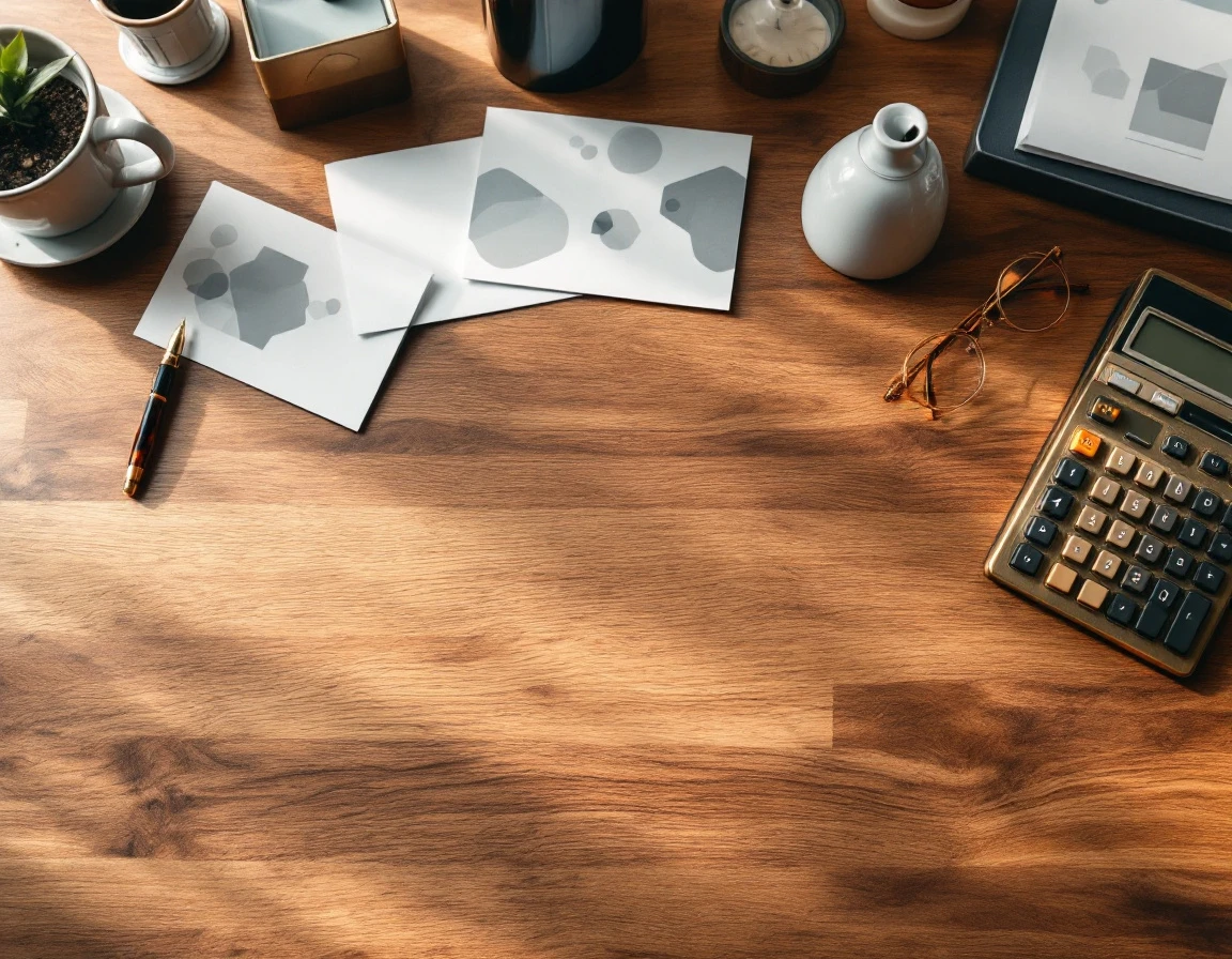 Overhead view of vintage calculator, glasses, and pen on wooden desk for payroll compliance work