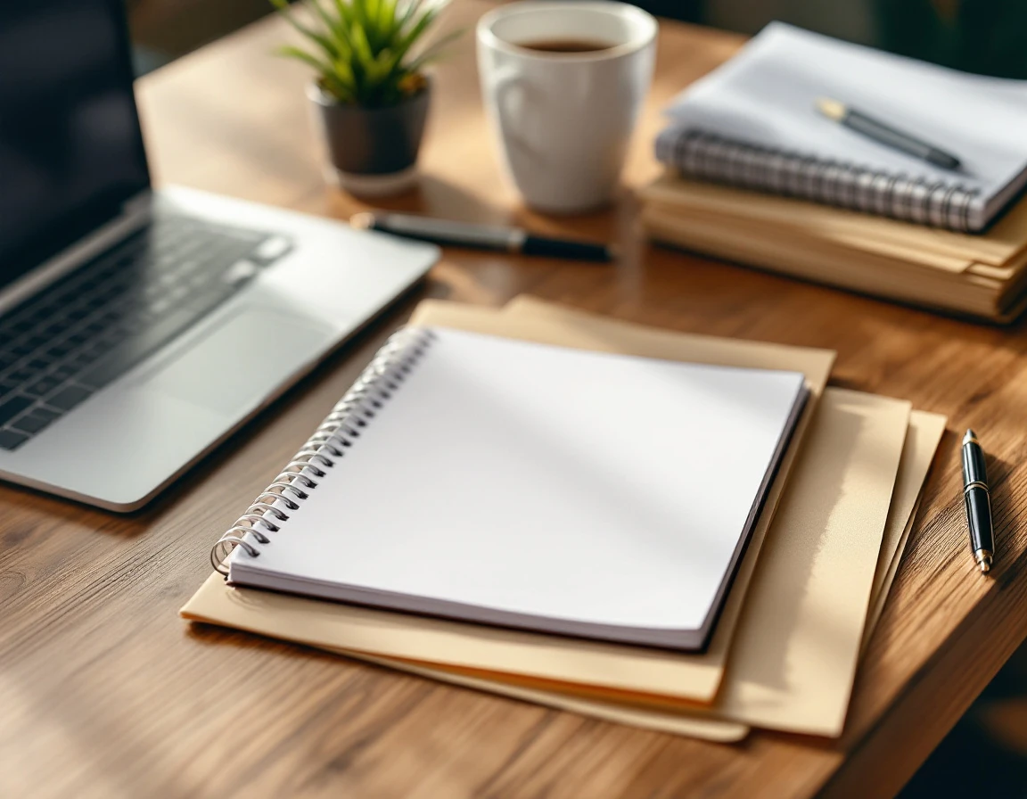 Small business office workspace with planner, laptop, and compliance preparation materials on wooden desk