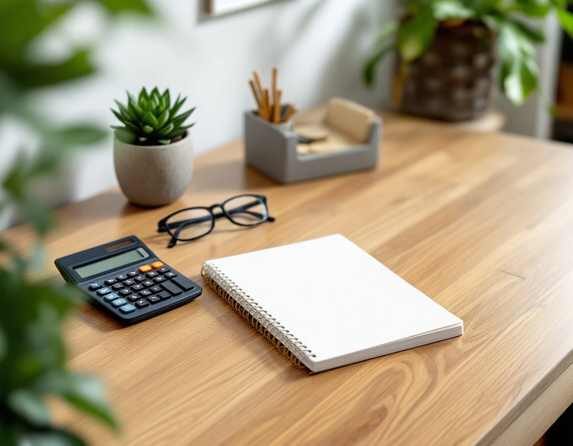 Organized desk workspace with calculator, notebook, and office supplies for small business retirement planning
