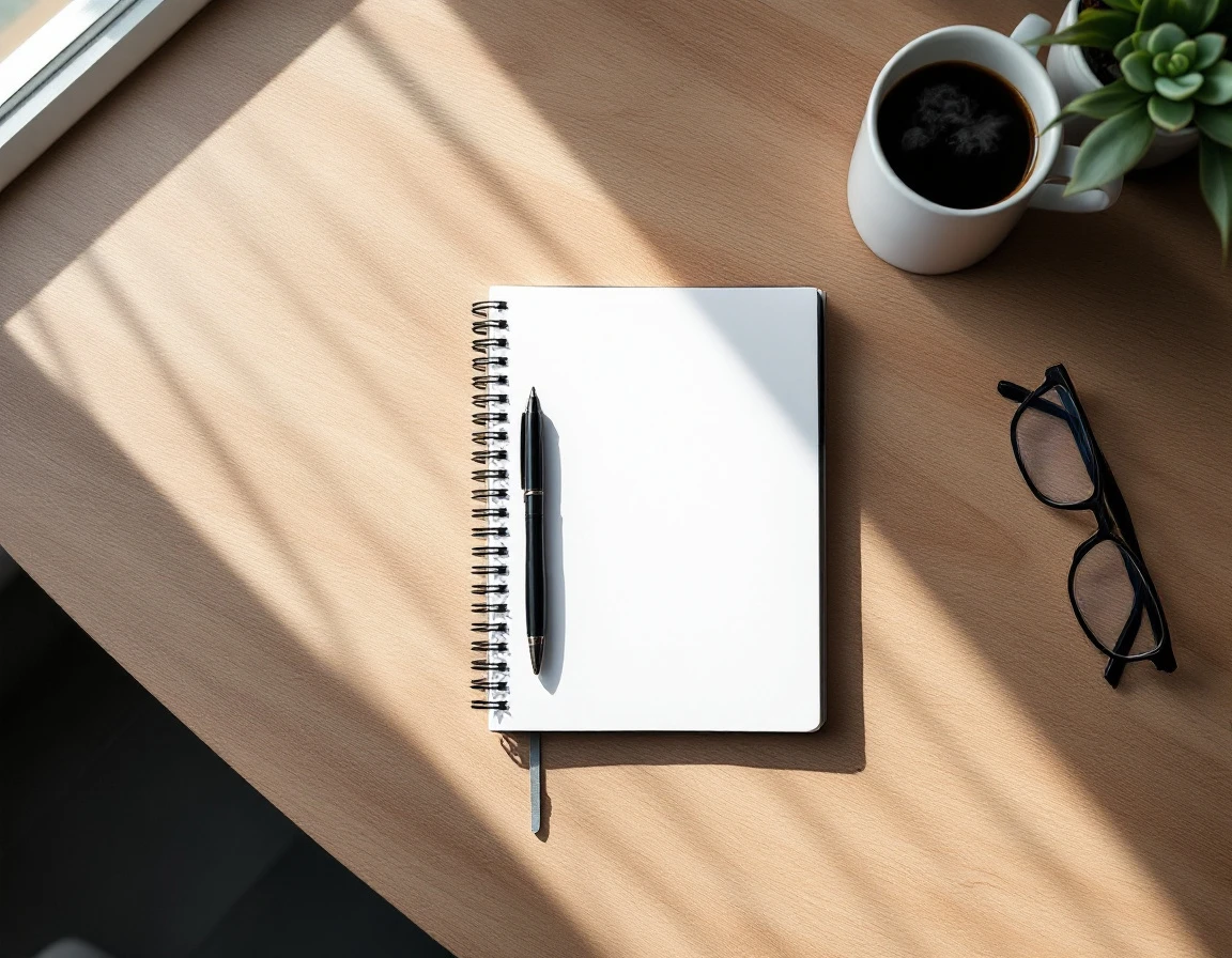 Clean desk workspace with blank notebook, pen, coffee, and succulent plant in natural morning light
