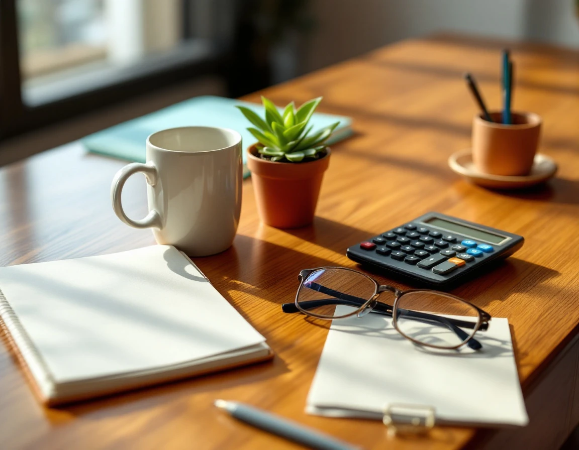 Organized workspace with calculator, notebook, and coffee suggesting retirement planning preparation