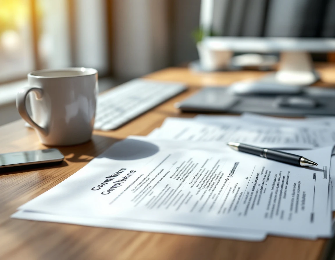Professional desk workspace with documents, pen, keyboard and coffee cup in natural lighting