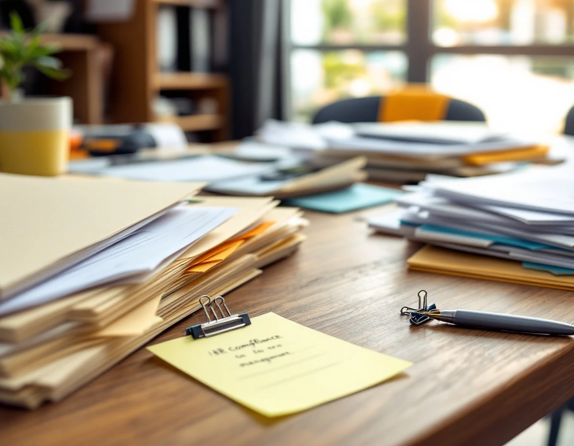 Organized HR compliance folders and paperwork on office desk suggesting systematic wage-and-hour record management