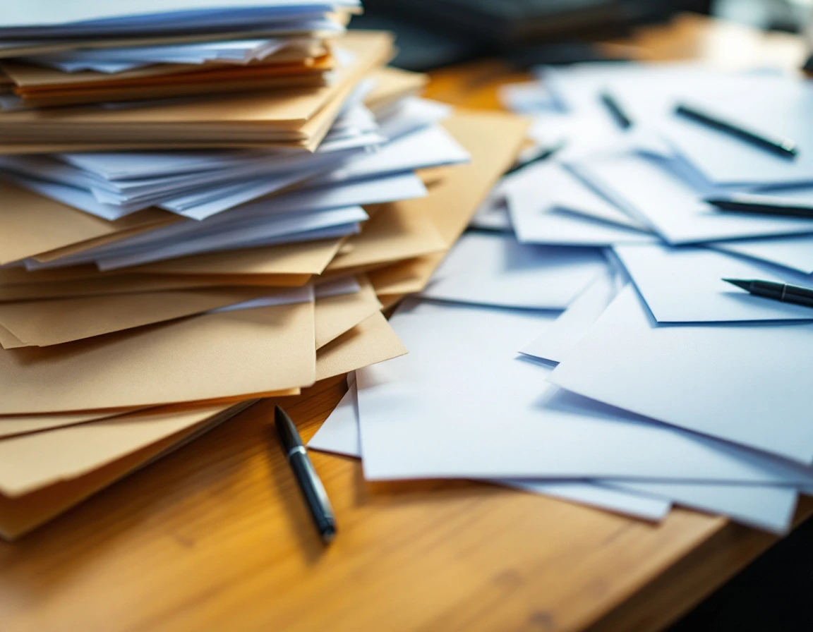 Scattered payroll forms and manila folders on wooden desk showing complexity of manual HR record-keeping systems