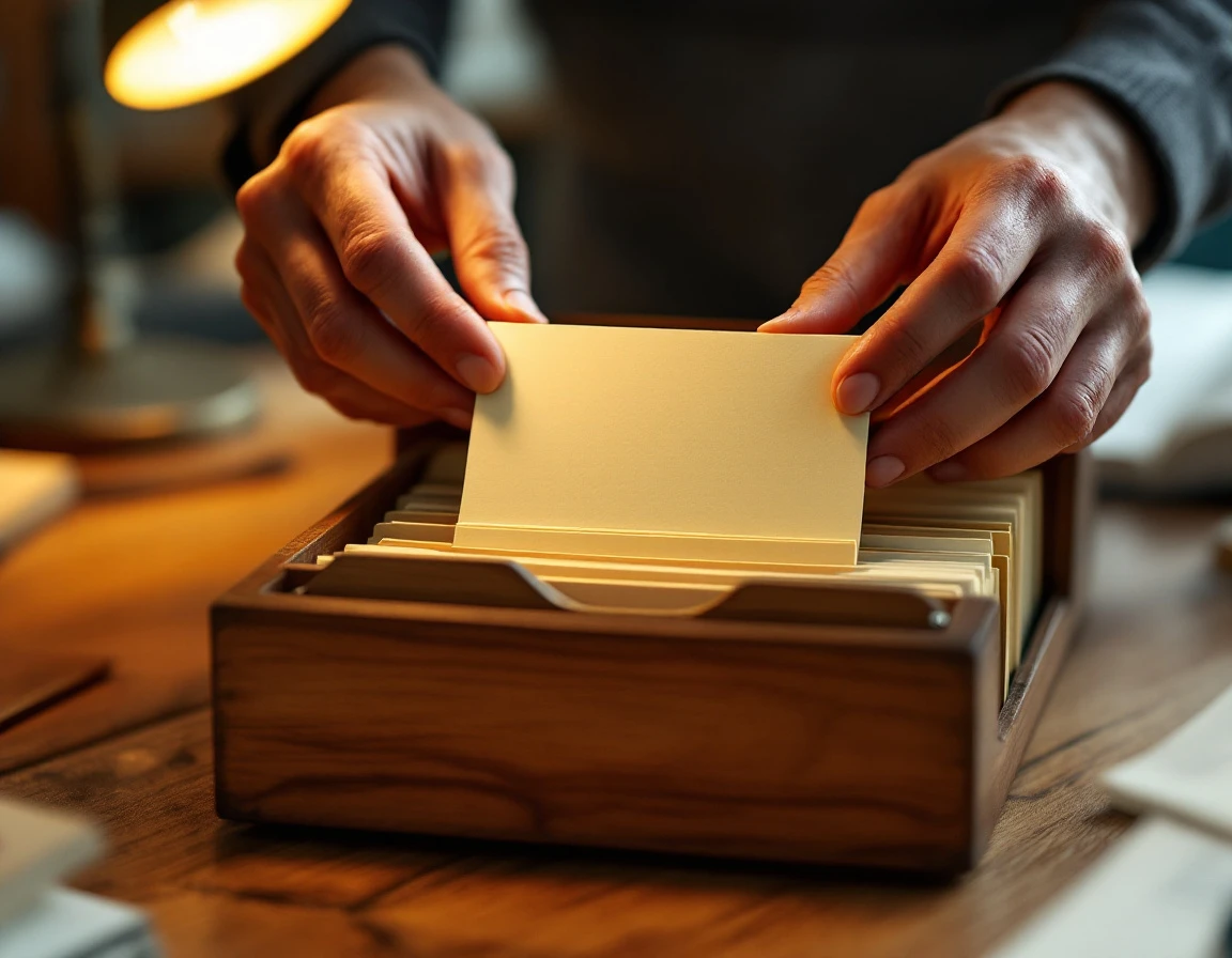 Hands organizing blank index cards in a wooden file box on an office desk with natural lighting