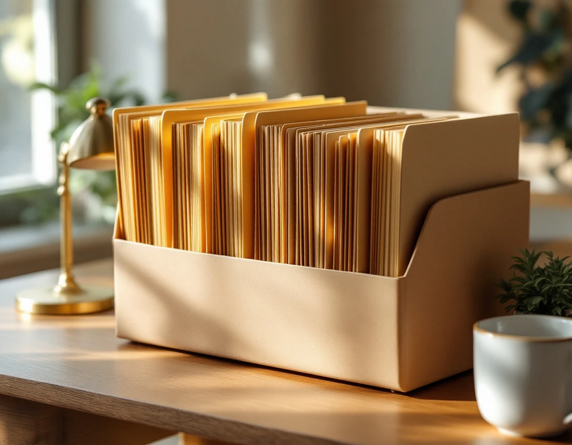 Organized file folders in desktop organizer showing color-coded recordkeeping system on wooden office desk