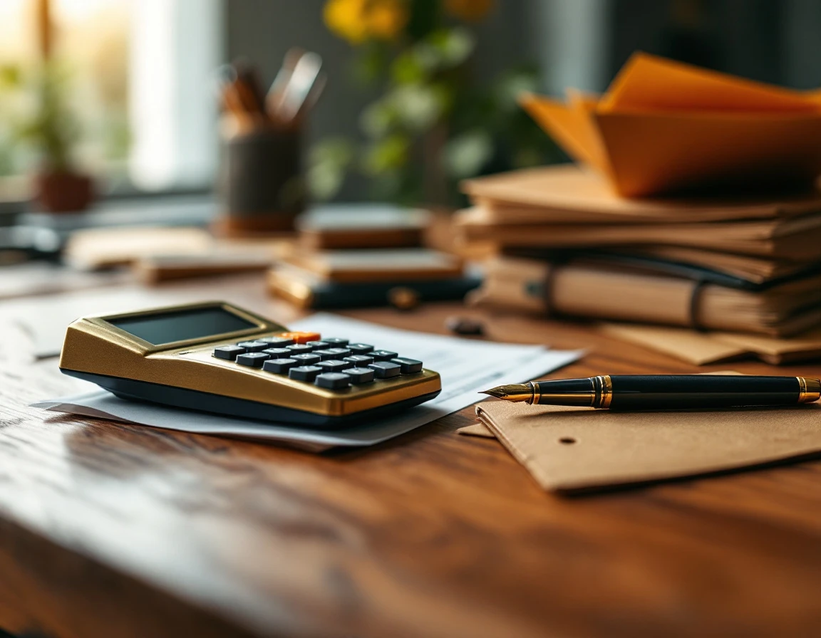 Close-up of calculator and business materials on wooden desk with selective focus eliminating readable text