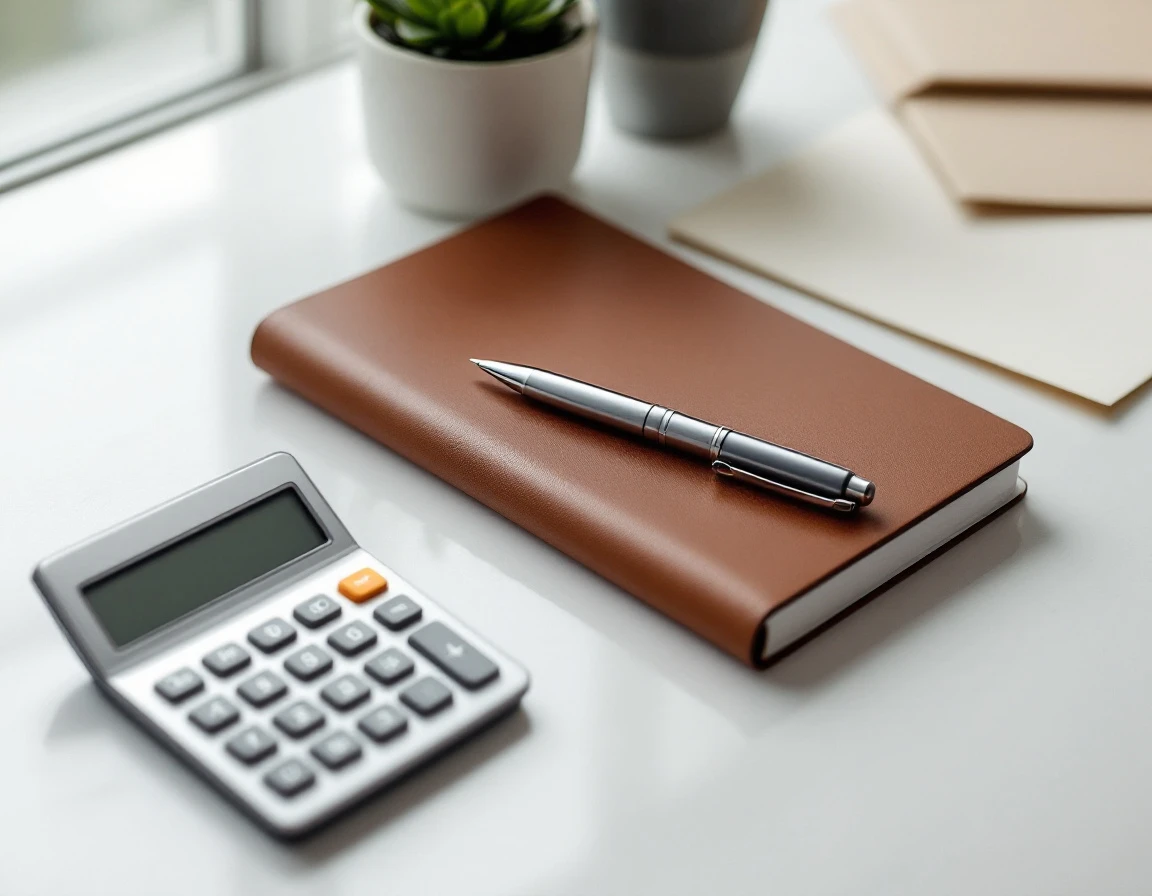 Calculator and closed business notebook on desk with pen and financial planning materials