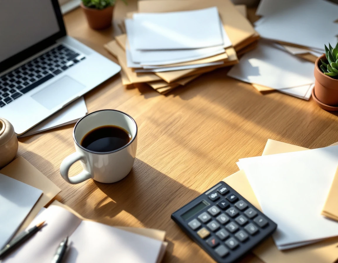 Cluttered desk with scattered blank paperwork, coffee mug, and calculator representing payroll administrative burden