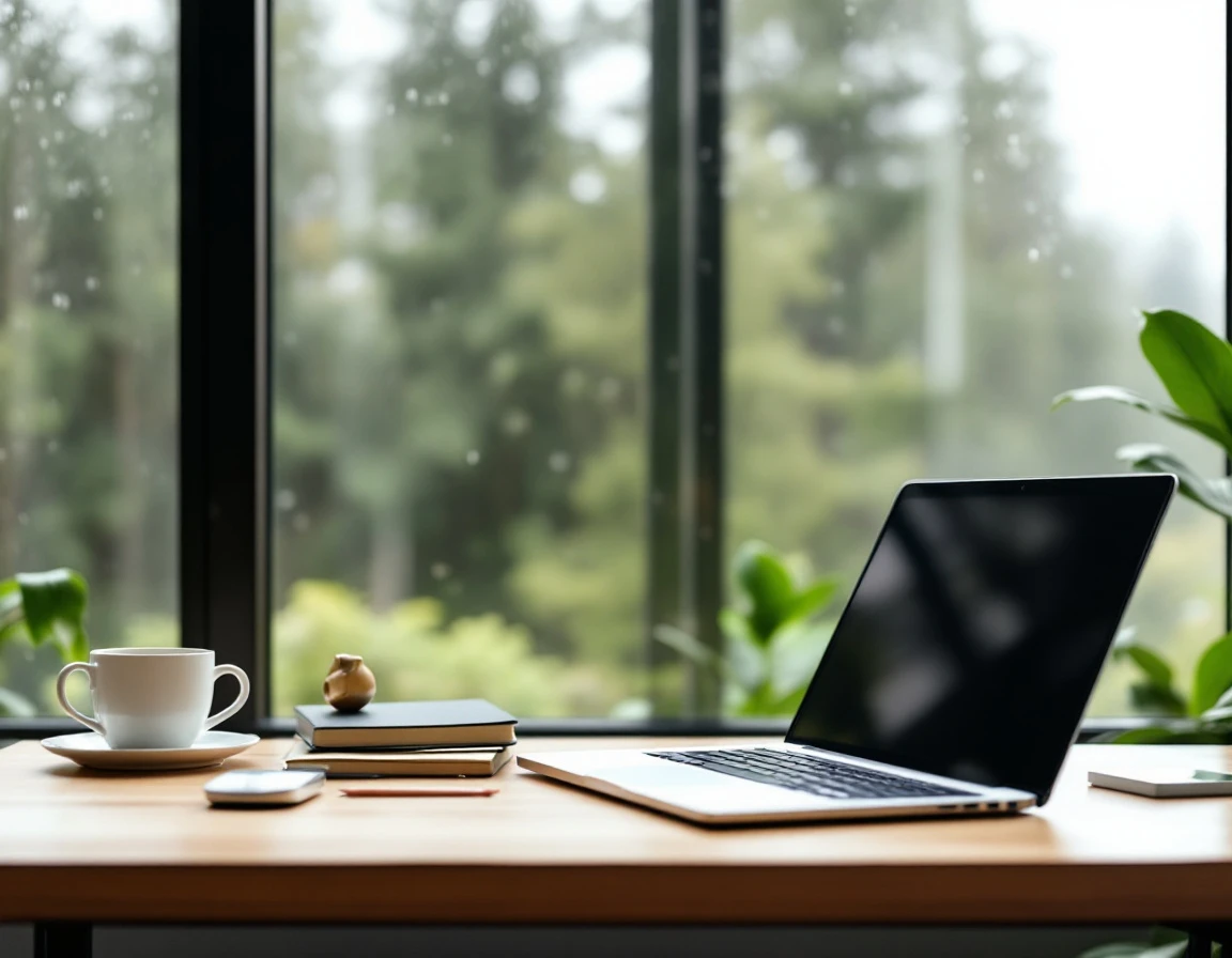 Clean organized desk workspace with laptop and coffee cup in natural morning light with rainy window background