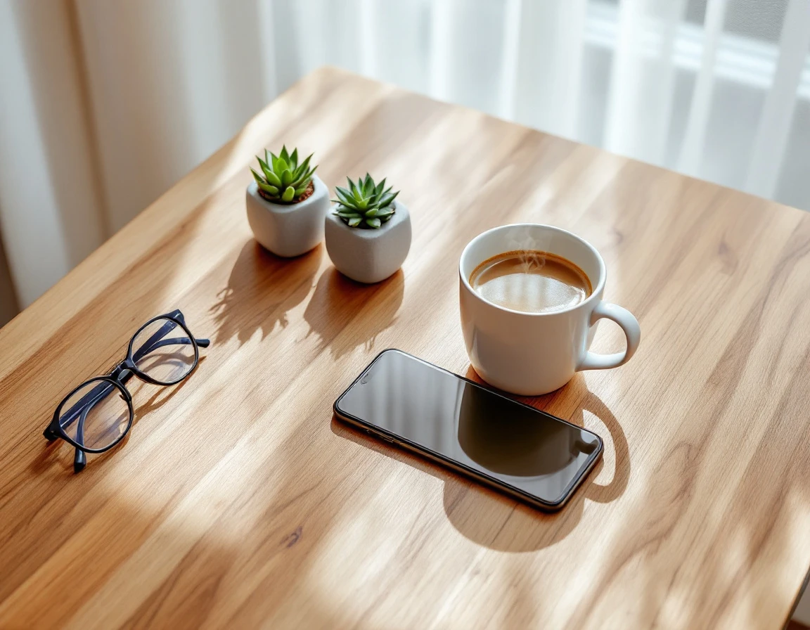 Clean desk workspace with phone, coffee, and succulents representing small business hiring preparation