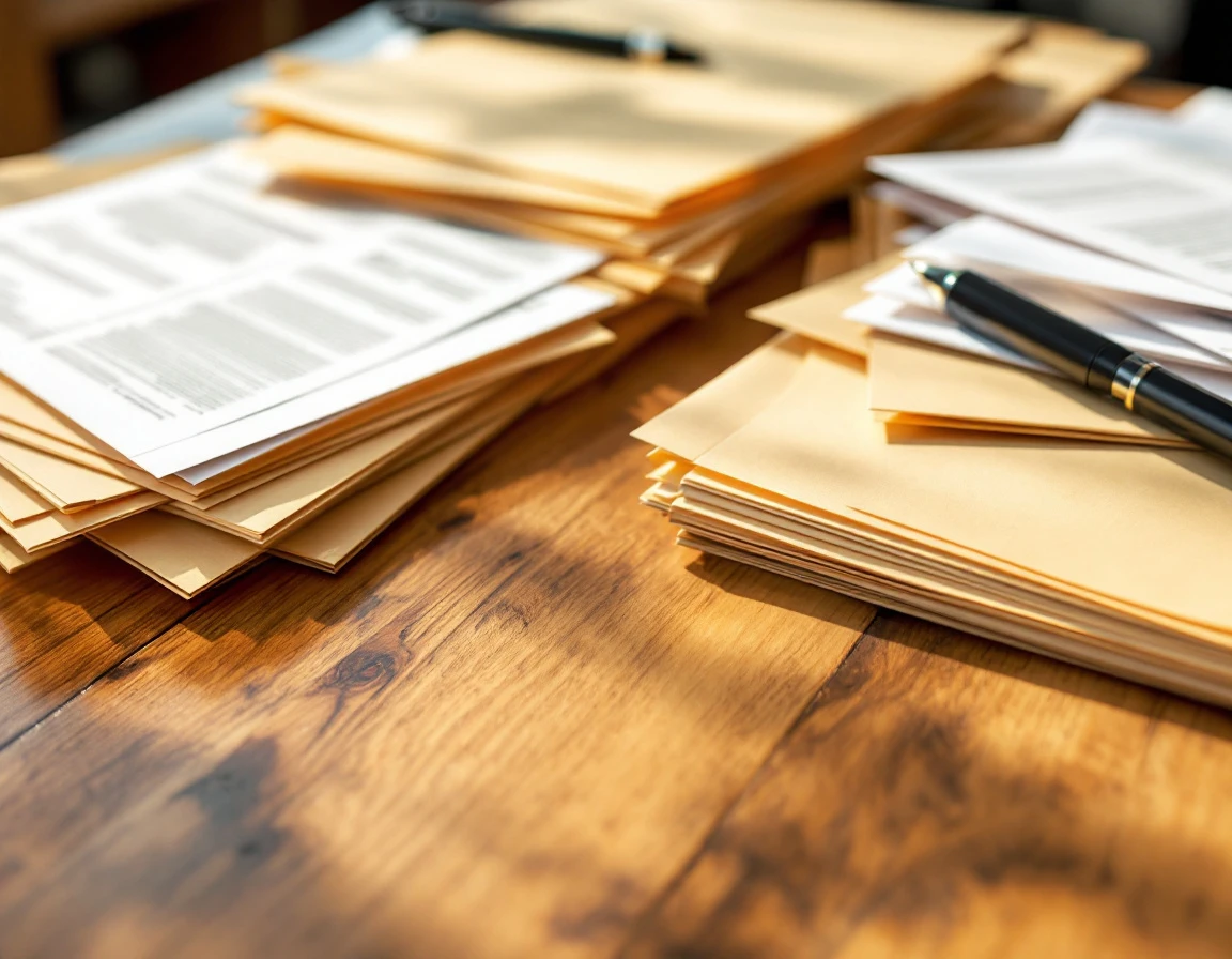 Organized employment compliance documents and forms arranged on wooden desk surface