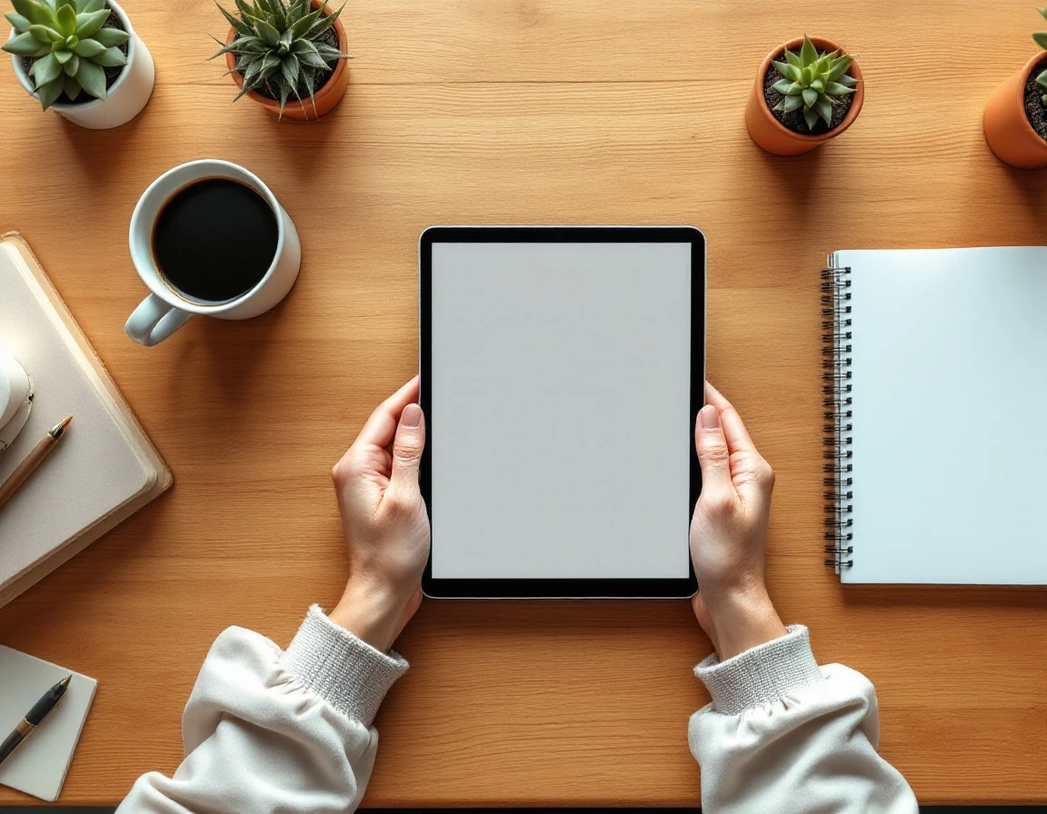 Hands holding blank tablet above organized desk with coffee and office supplies during onboarding preparation