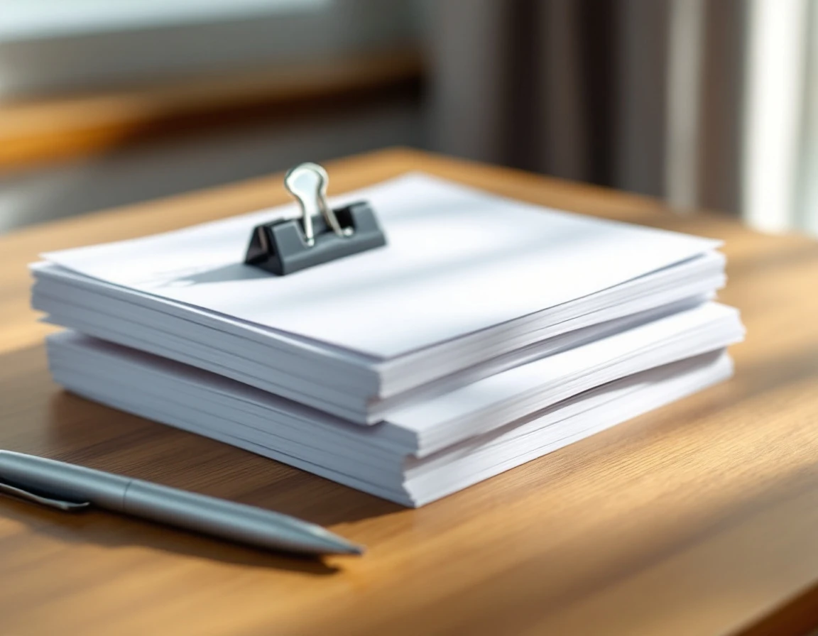 Organized stacks of documents on wooden desk representing employee expense reimbursement record-keeping