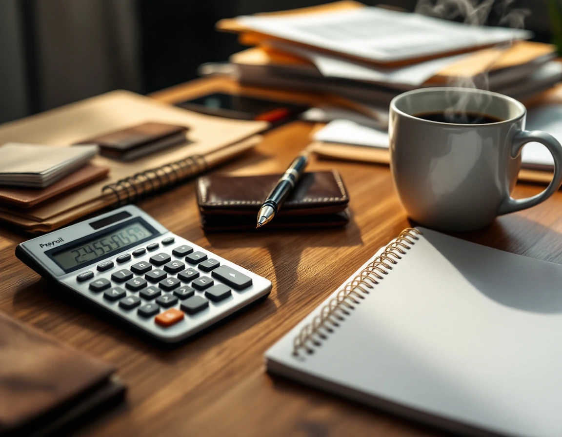 Desk workspace with calculator, pen, wallet, and coffee mug for tracking employee mileage reimbursements