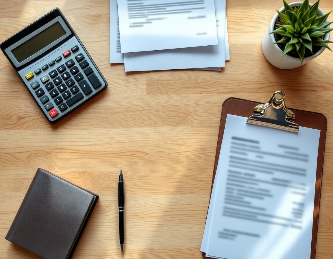 Wooden desk with calculator, blank forms, clipboard, and pen for business expense documentation