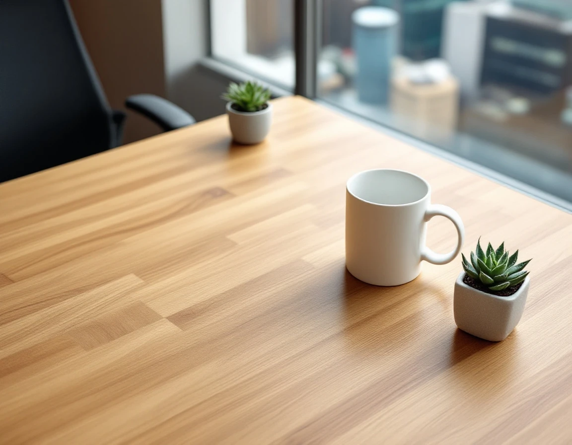 Clean wooden desk with blank mug and plants in a professional office setting with natural window light