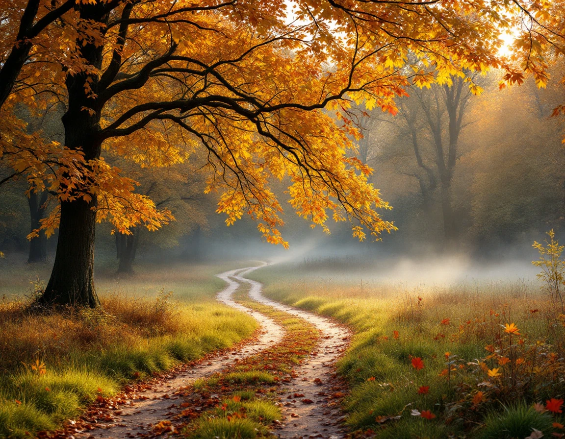 Autumn forest clearing with fall foliage and morning mist representing the transition period of open enrollment