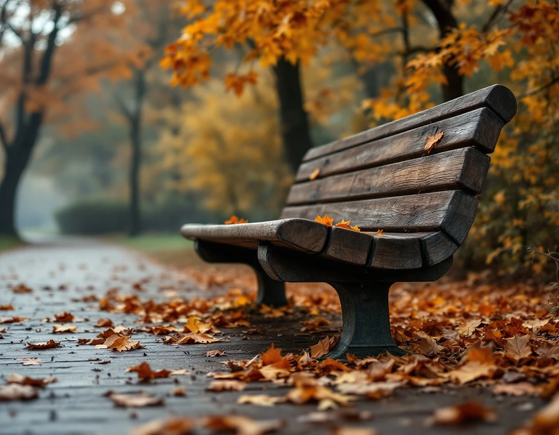 Weathered park bench surrounded by muted fall foliage on a misty autumn morning