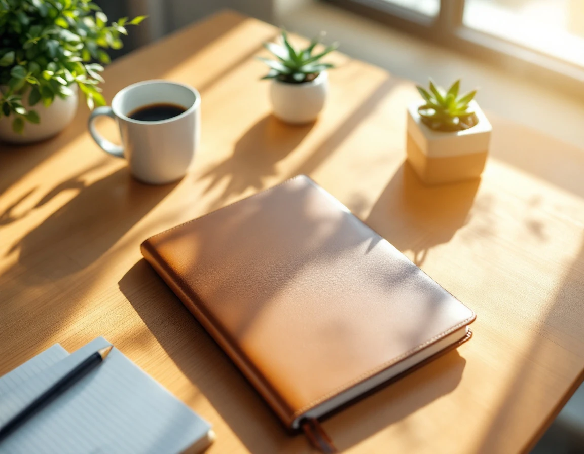 Organized desk workspace with closed planner, coffee mug, and office plants in natural morning light