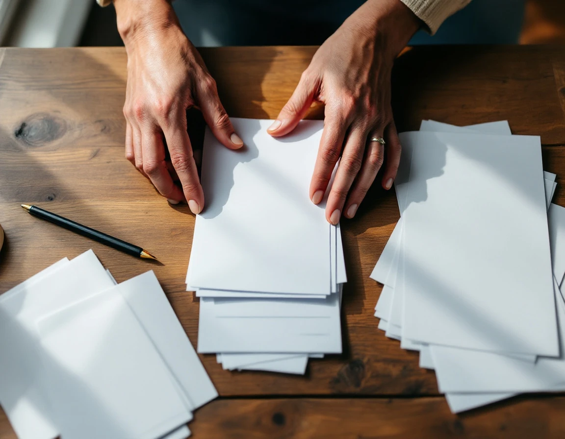 Hands organizing quarterly payroll documents and receipts on wooden desk with natural window lighting