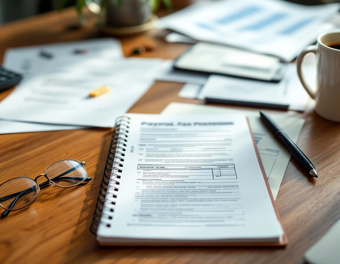 Tax preparation workspace with payroll documents, notebook, glasses, and coffee mug on wooden desk