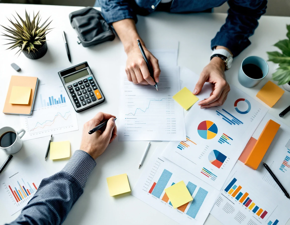 Overhead view of business desk with financial reports, charts, and analysis materials for workforce planning