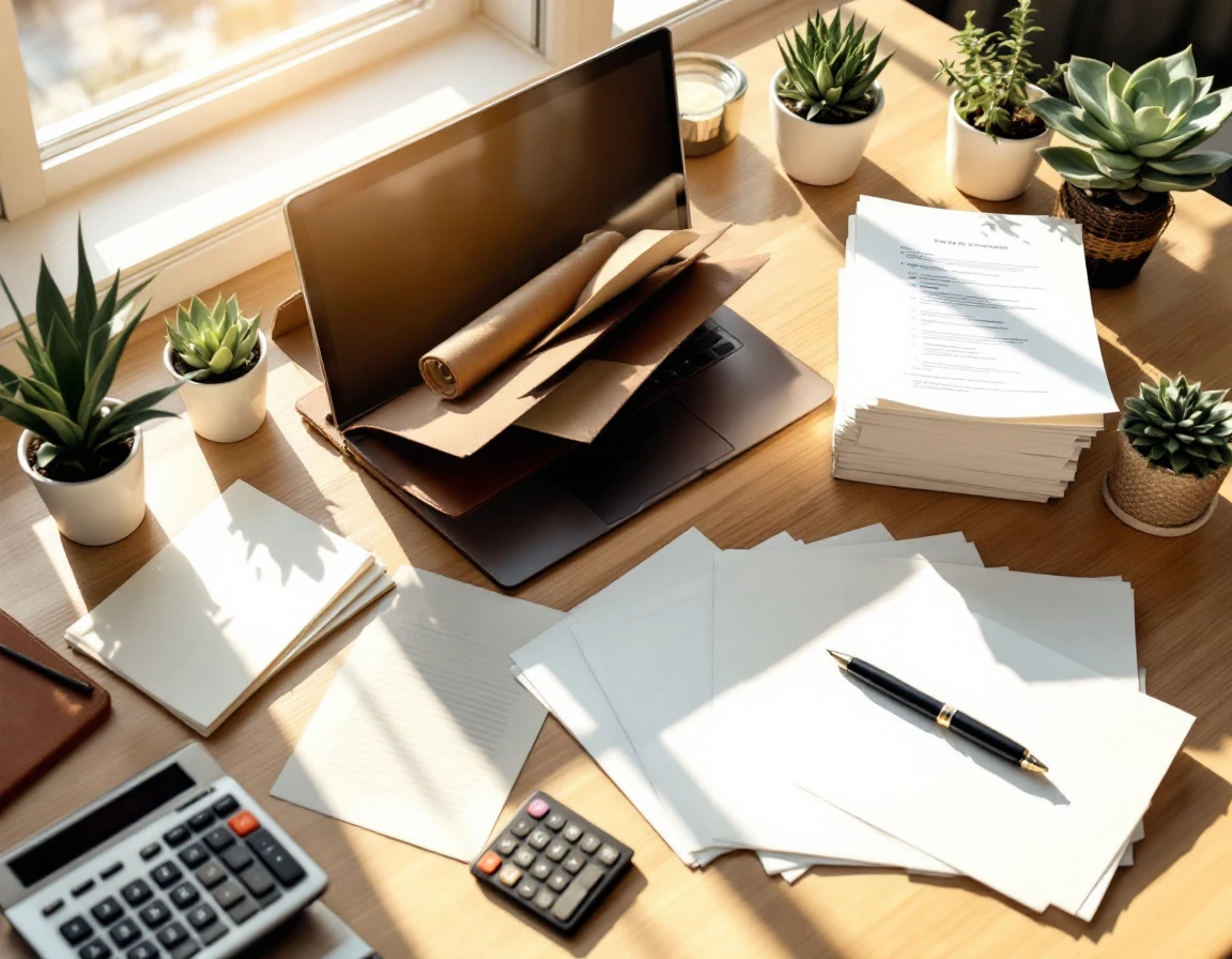 Organized office desk with laptop, calculator, and business forms for HR payroll management