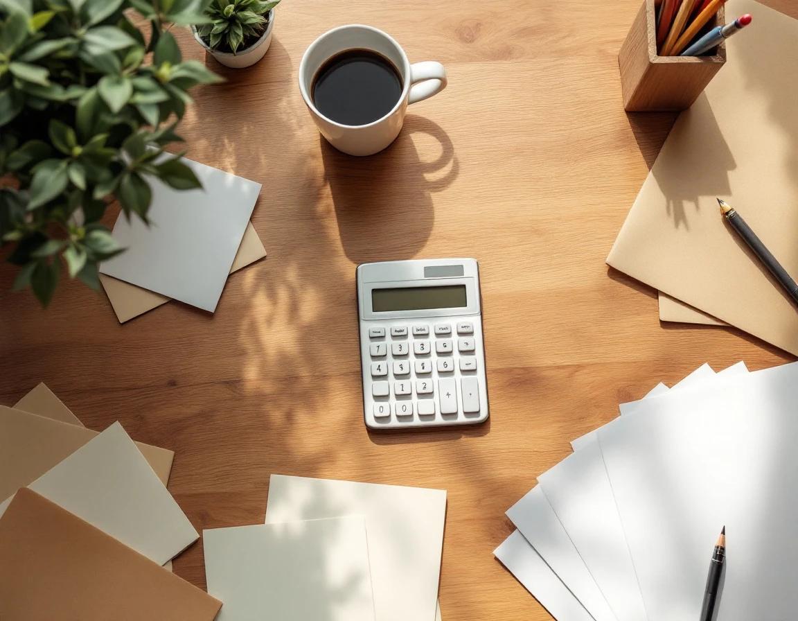 Organized desk workspace with calculator and blank documents ready for quarterly tax reconciliation