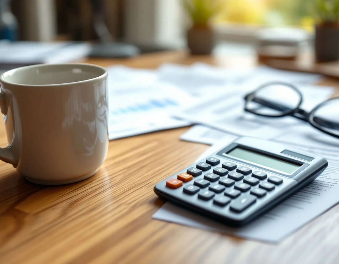 Calculator and office supplies on desk with blurred tax documents