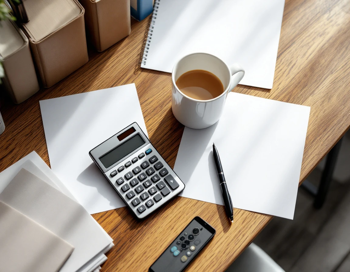 Overhead view of tax preparation workspace with calculator, coffee, and papers on wooden desk