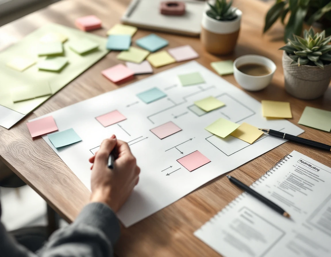 Overhead view of desk workspace with blank sticky notes and abstract process mapping sketches